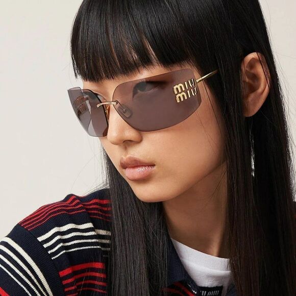 NEW Miu Miu MU54YS 5AK30B Gold Light Grey Wraparound Rimless Women Sunglasses main image 4